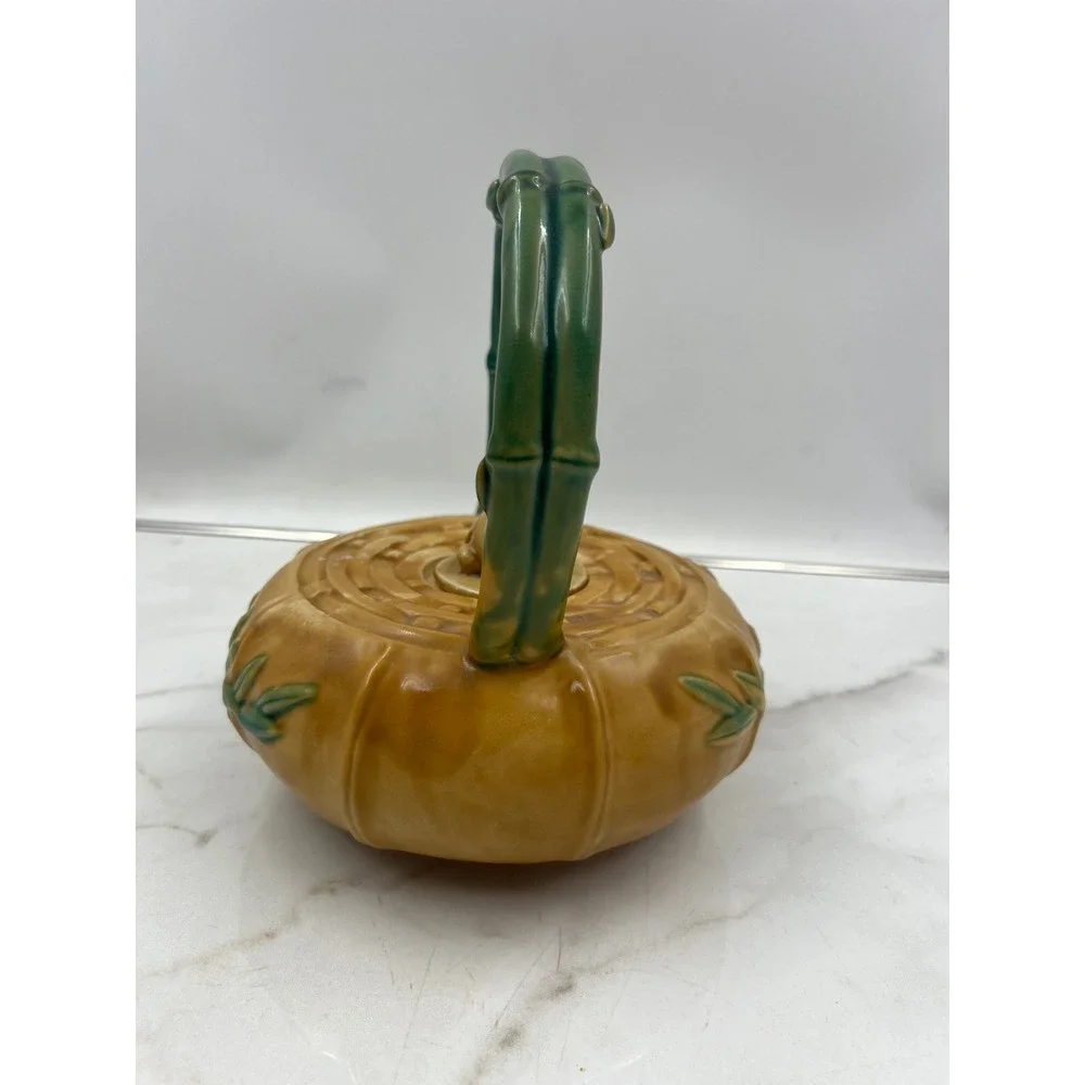 VTG Majolica Ceramic Teapot Bamboo Handle Frog Finial Yellow Green Decor